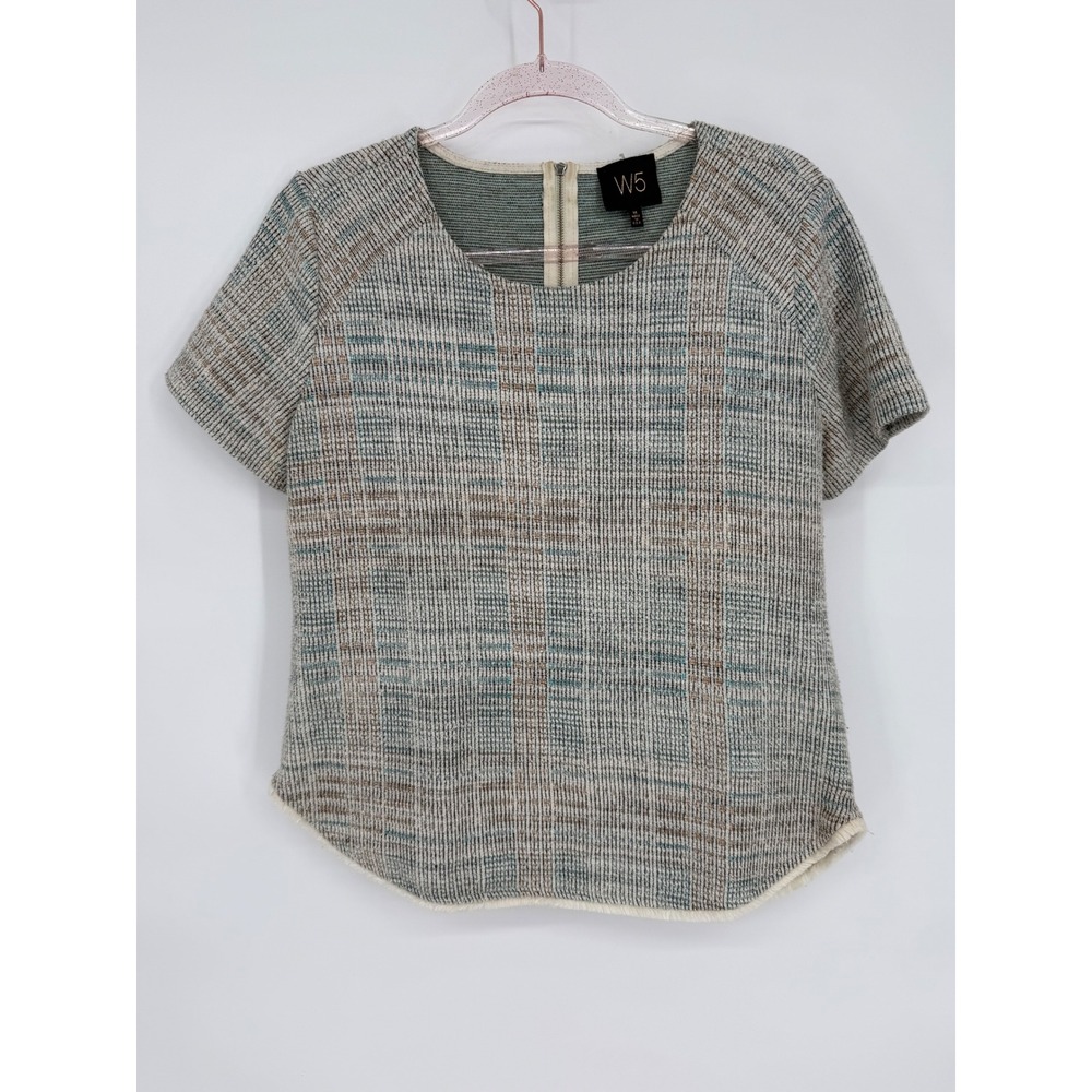 W5 Textured‎ Knit Top Short Sleeve Plaid Neutral Colors Casual Sz M